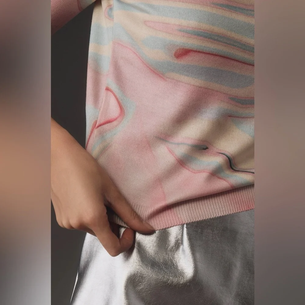 Anthropologie Short Sleeve Sweater Small Multicolor Swirl Marble Print Crewneck - Picture 6 of 16